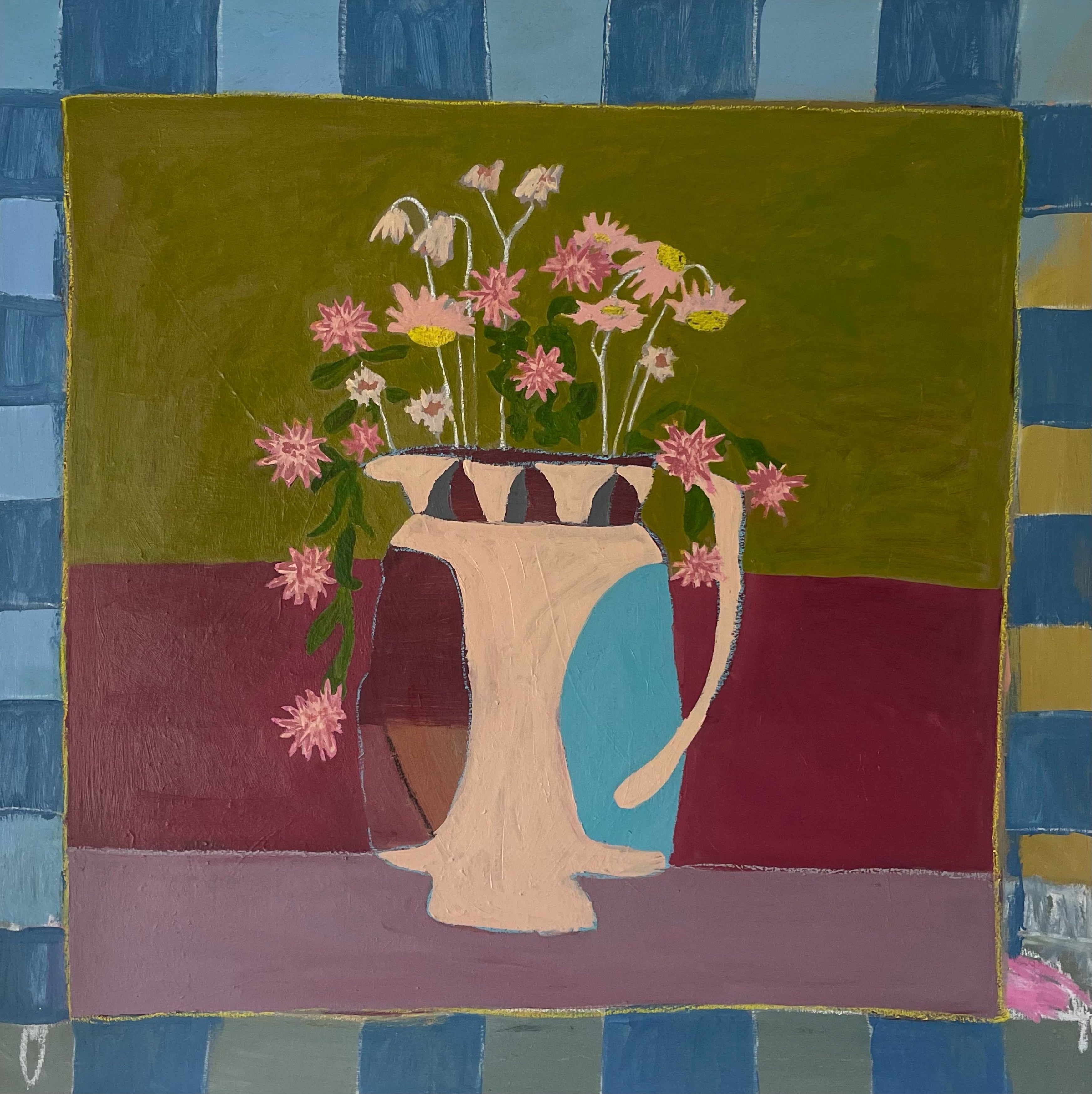 Painting of a vase with flowers on a multicoloured striped background. "The Vase In My Room & The Flowers For You original painting by Marley Alvarez"