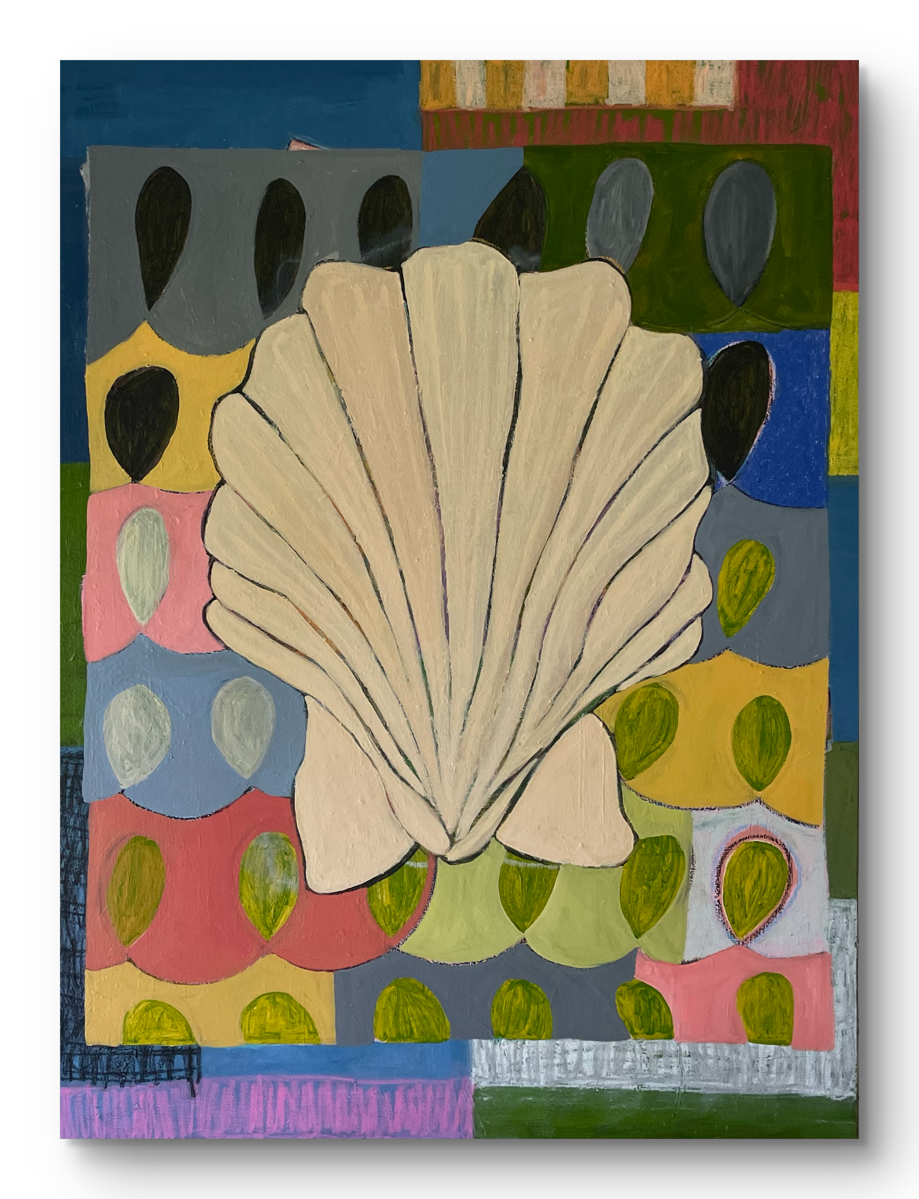 Colorful abstract art piece with a prominent shell-like shape. "A Seashell Found From A Location Unknown acrylic painting by Marley Alvarez"