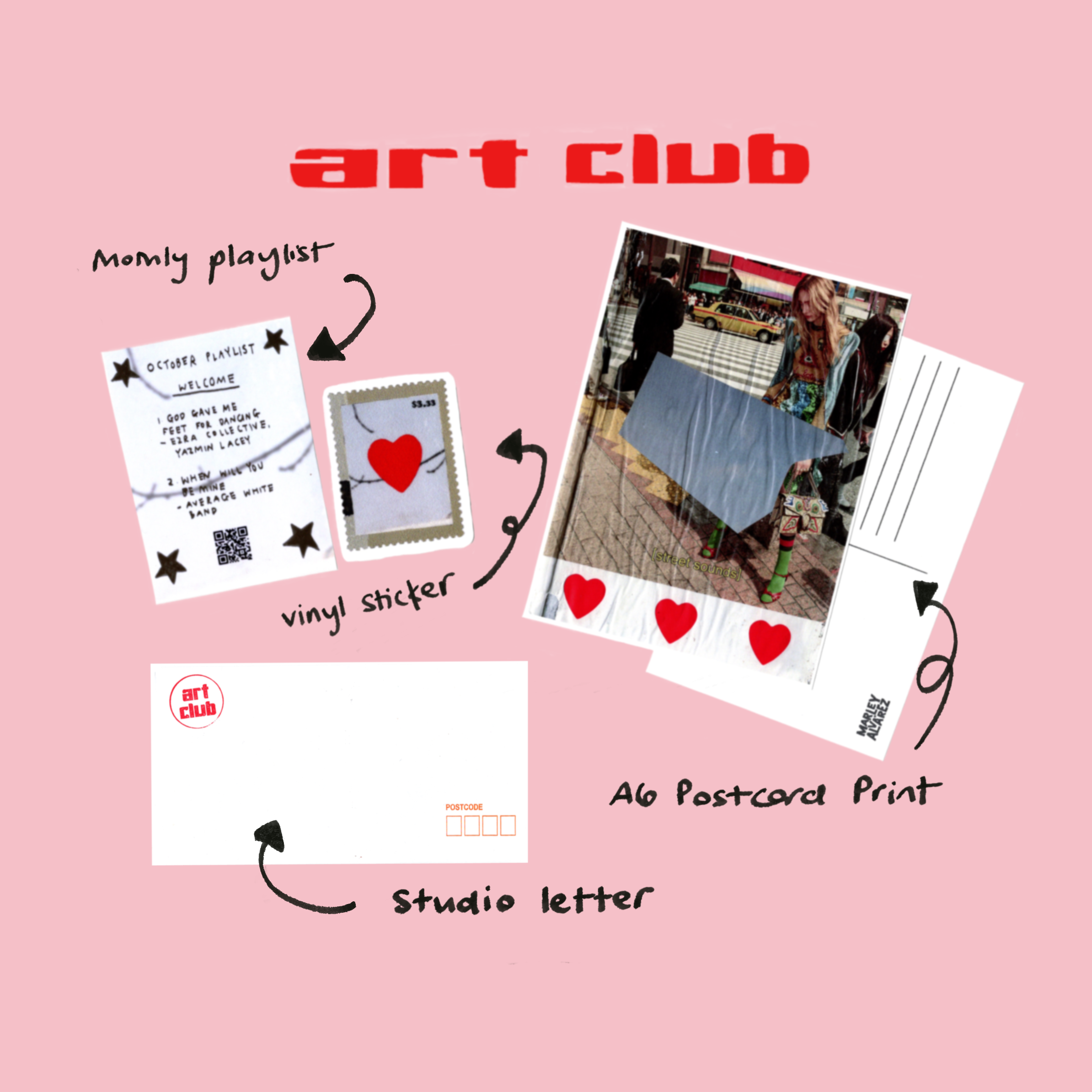 Promotional graphic for 'art club' with various products on a pink background