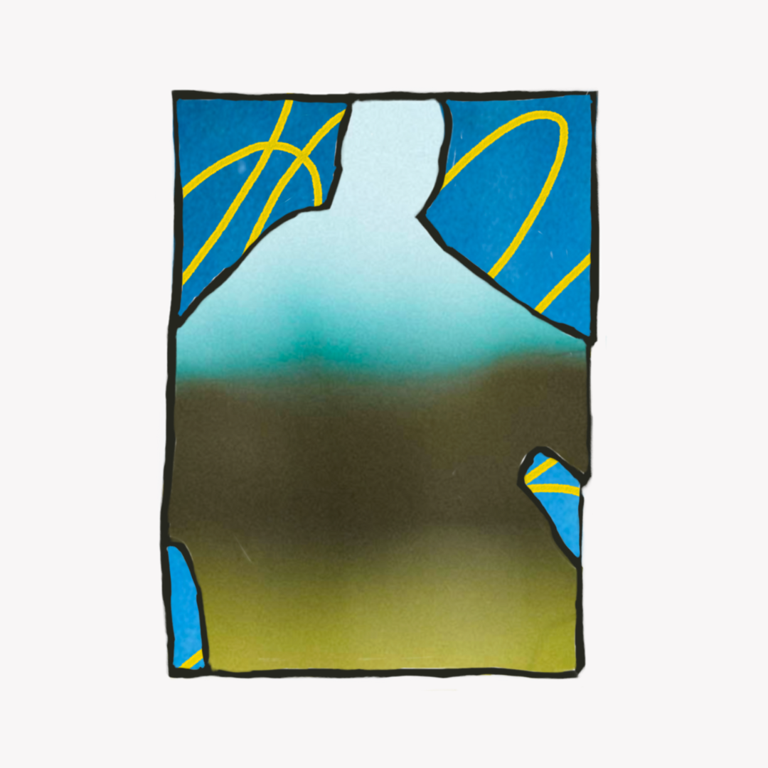 Collection of six colorful art stickers by Marley Alvarez including an abstract landscape with blue mountains, a striped star shape, a red heart postage stamp design, and three starfish in yellow, coral red, and light blue