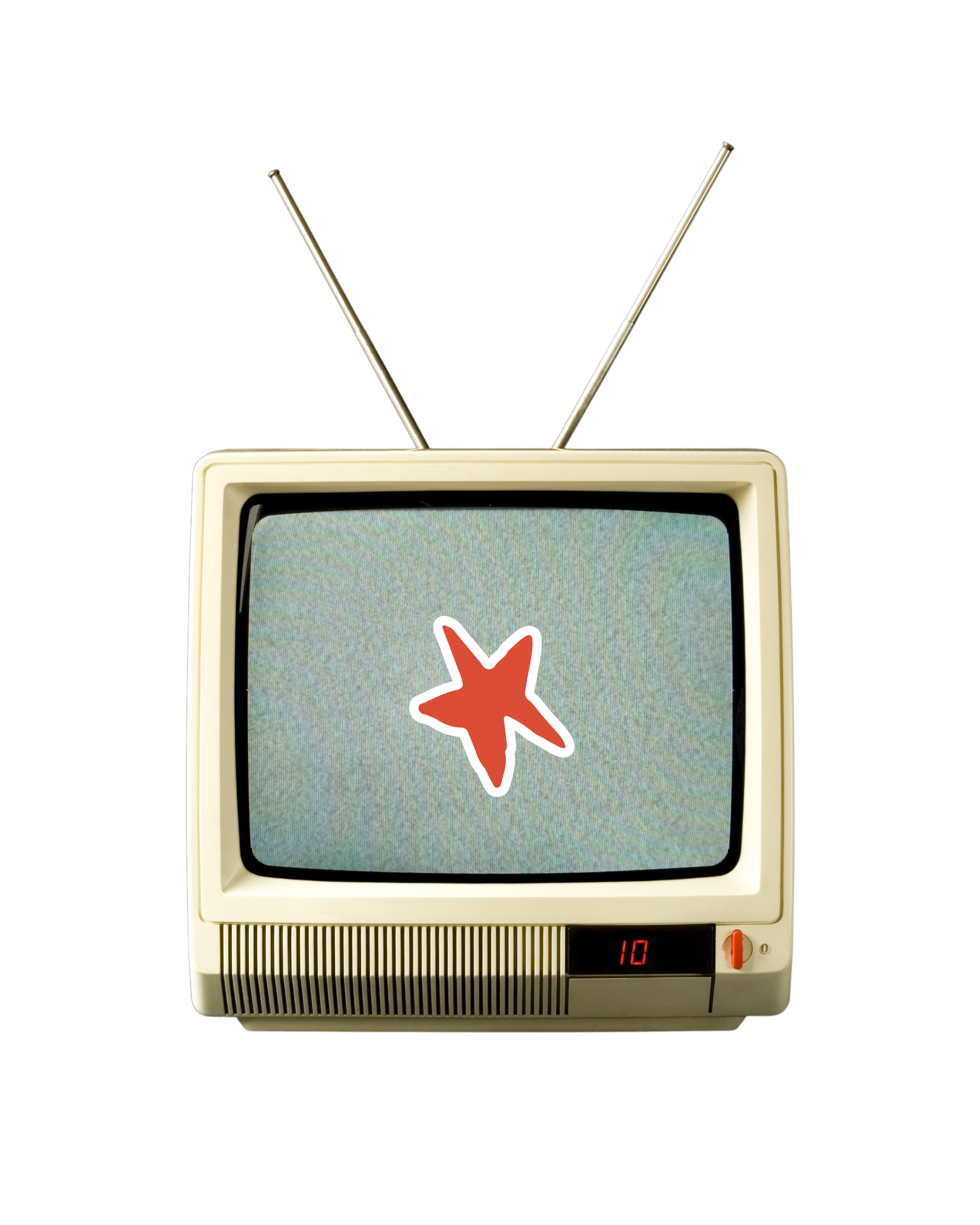 Vintage television set with a red star on the screen against a white background