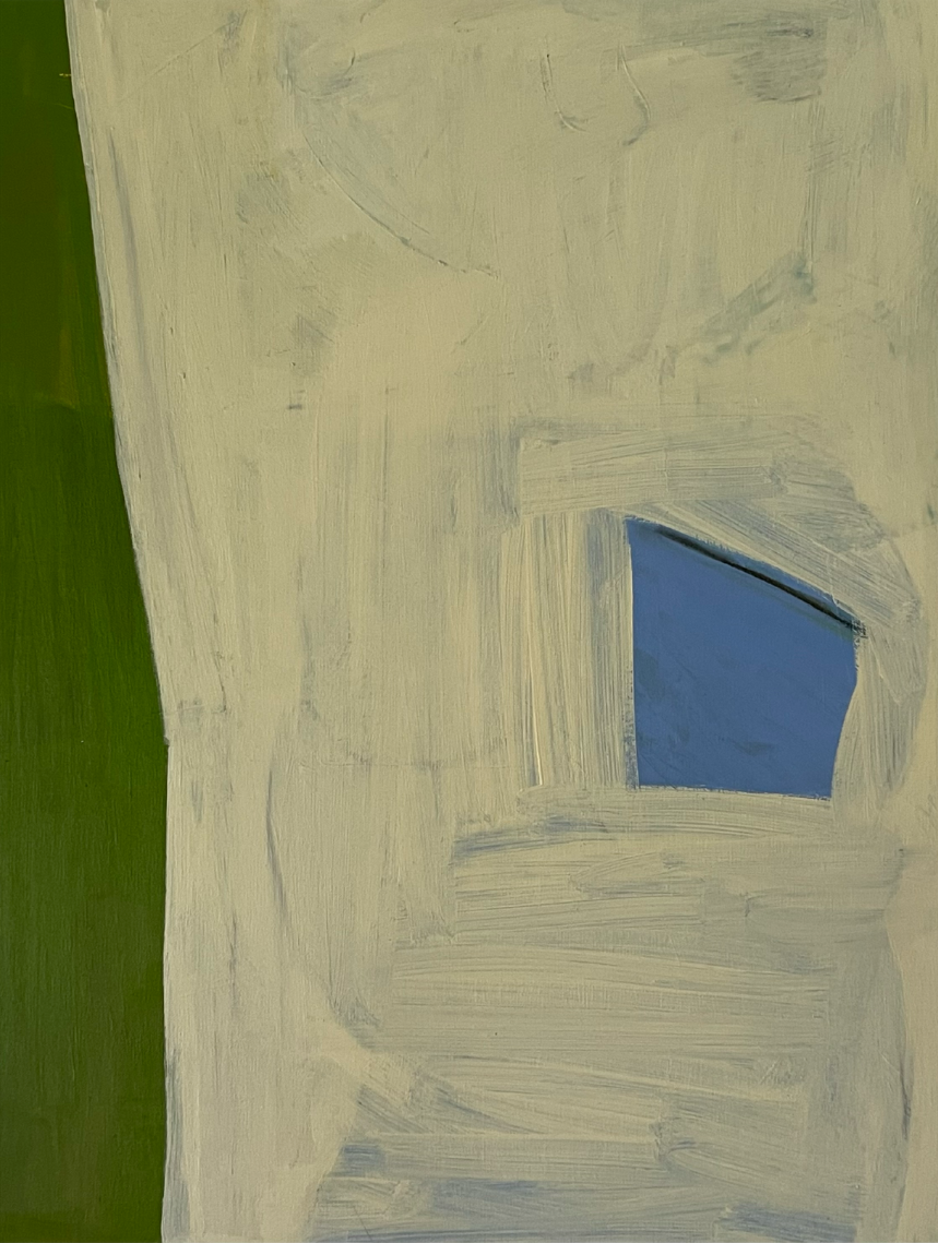 Abstract painting with a blue square in the center on a beige background