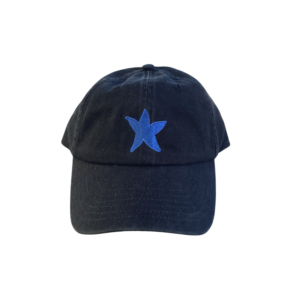 Black cap with a blue starfish design on a white background