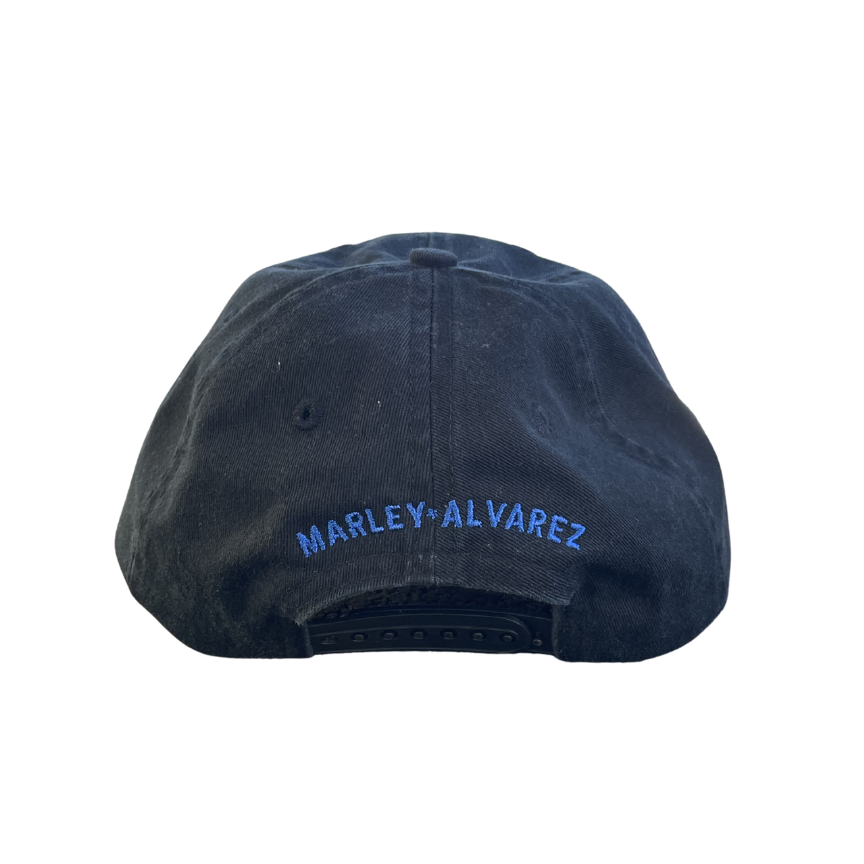Black cap with 'Marley Alvarez' branding in navy blyue on a white background