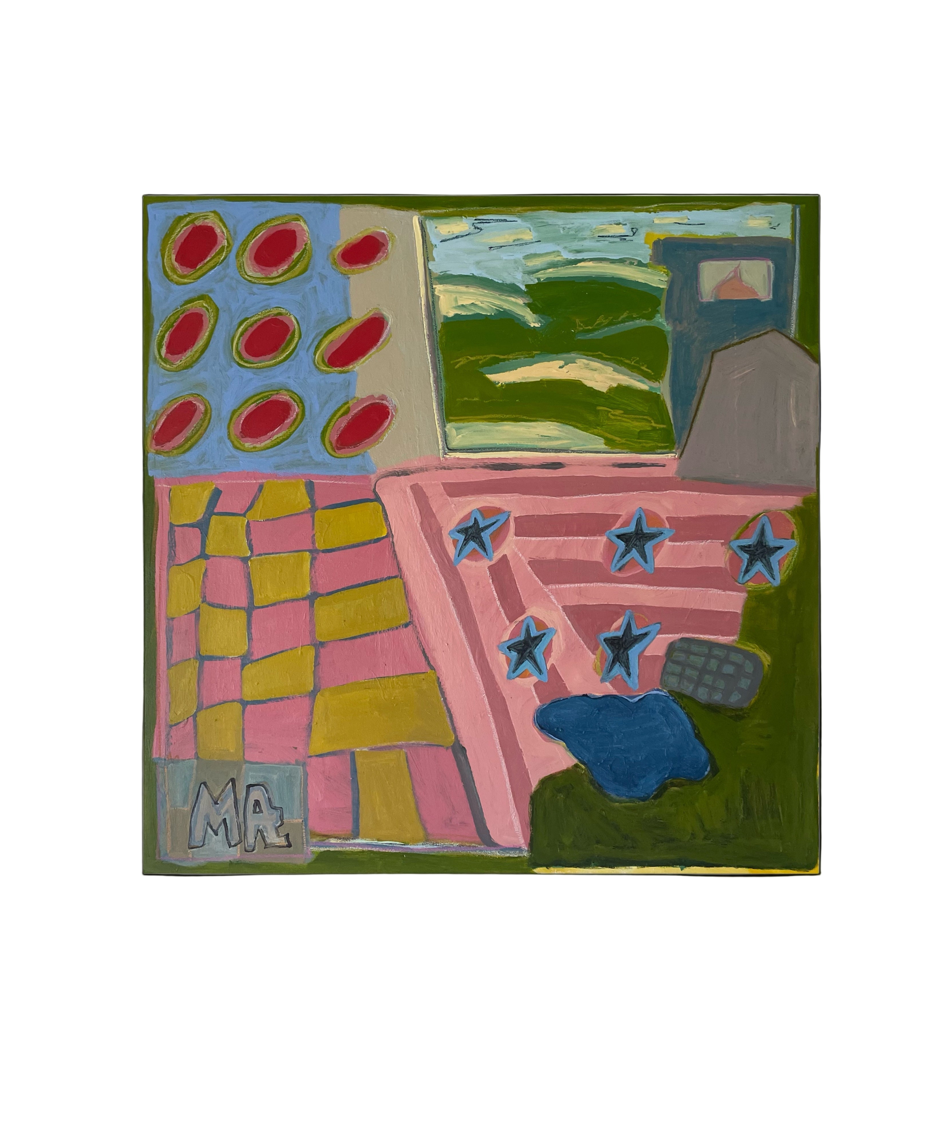 Home Among the Gumtrees painting by Marley Alvarez. Abstract painting with geometric shapes and vibrant colours on a white background