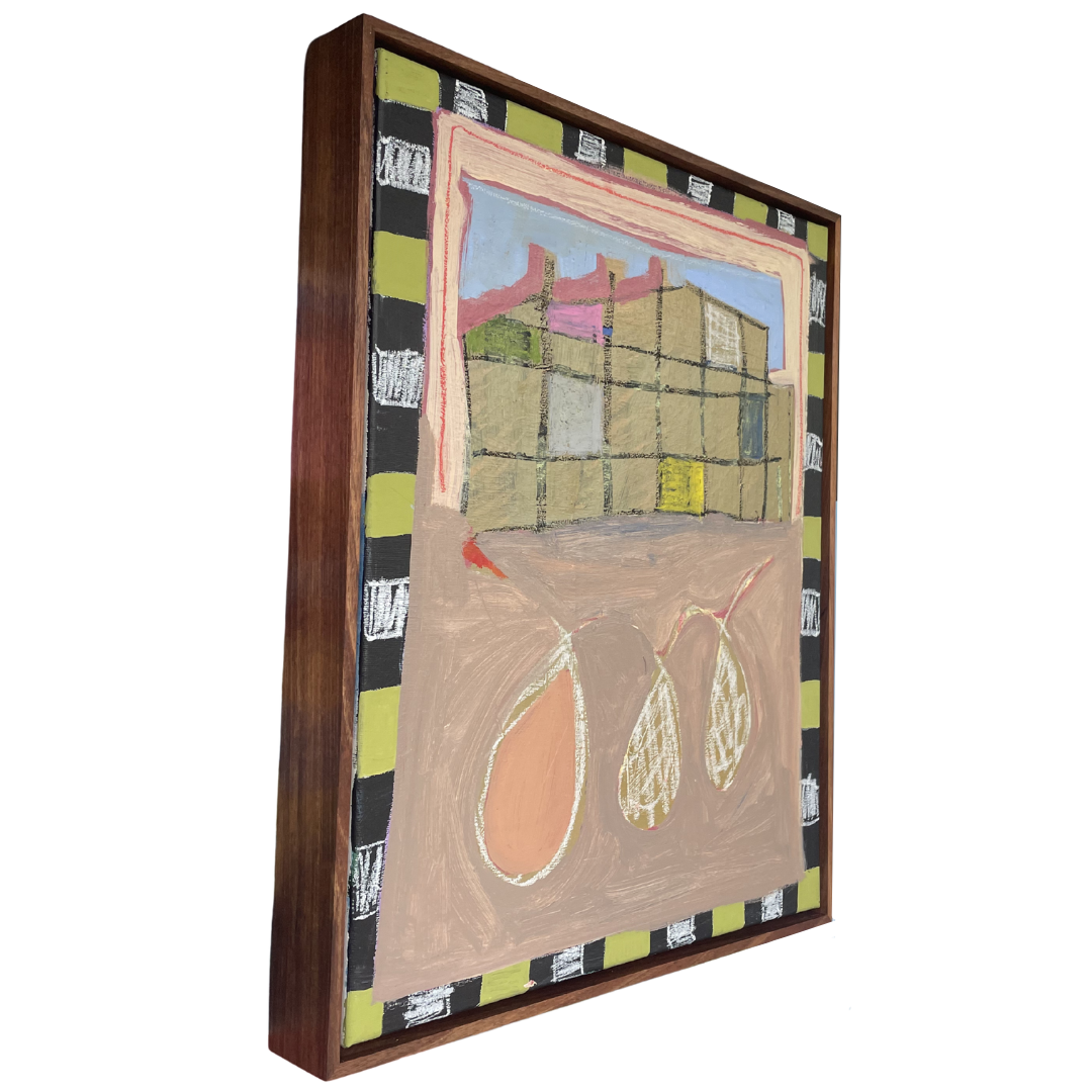 Framed abstract artwork with geometric patterns and shapes on a white background