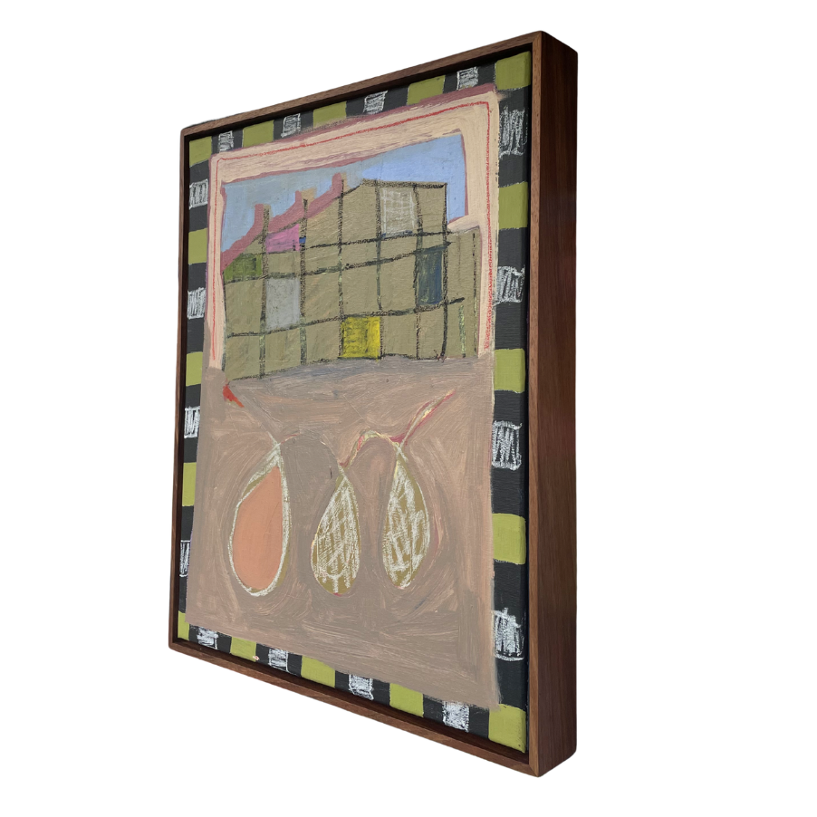 Framed artwork with a colorful border and central scene of a building and two figures on a path.