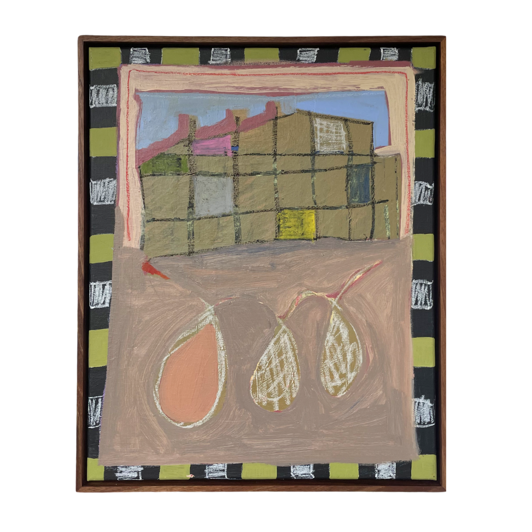 Abstract painting with geometric shapes and a striped border