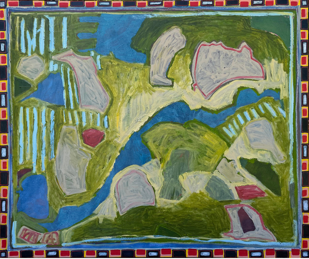 Abstract landscape painting with geometric shapes and vibrant colors