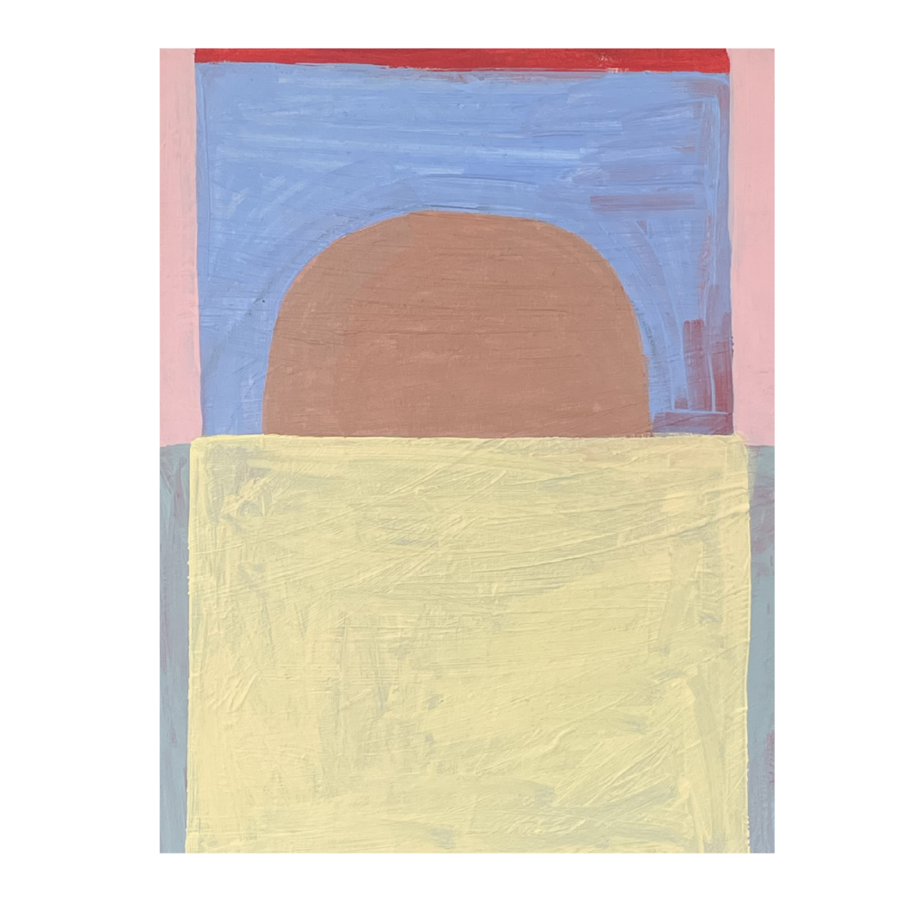 Abstract art piece with a brown arch over a yellow field on a white background