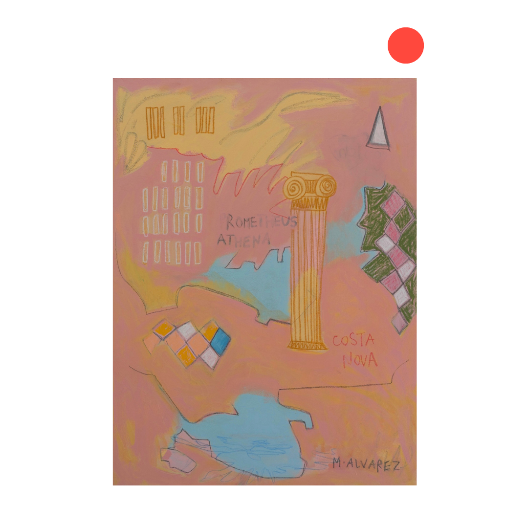 An abstract painting on a square canvas featuring a warm peach and pink background with yellow, blue, green, and white painted elements, including a classical column, geometric shapes, and handwritten text. The painting is centered on a white background with a small red dot in the upper right.