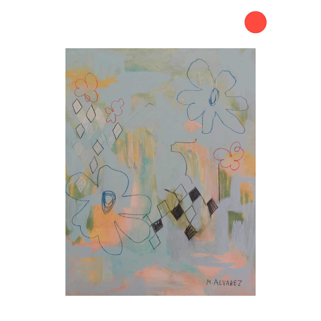 An abstract painting on a white background, featuring pastel blue, green, and orange brushstrokes with hand-drawn floral outlines and geometric diamond patterns. Signed 'M.