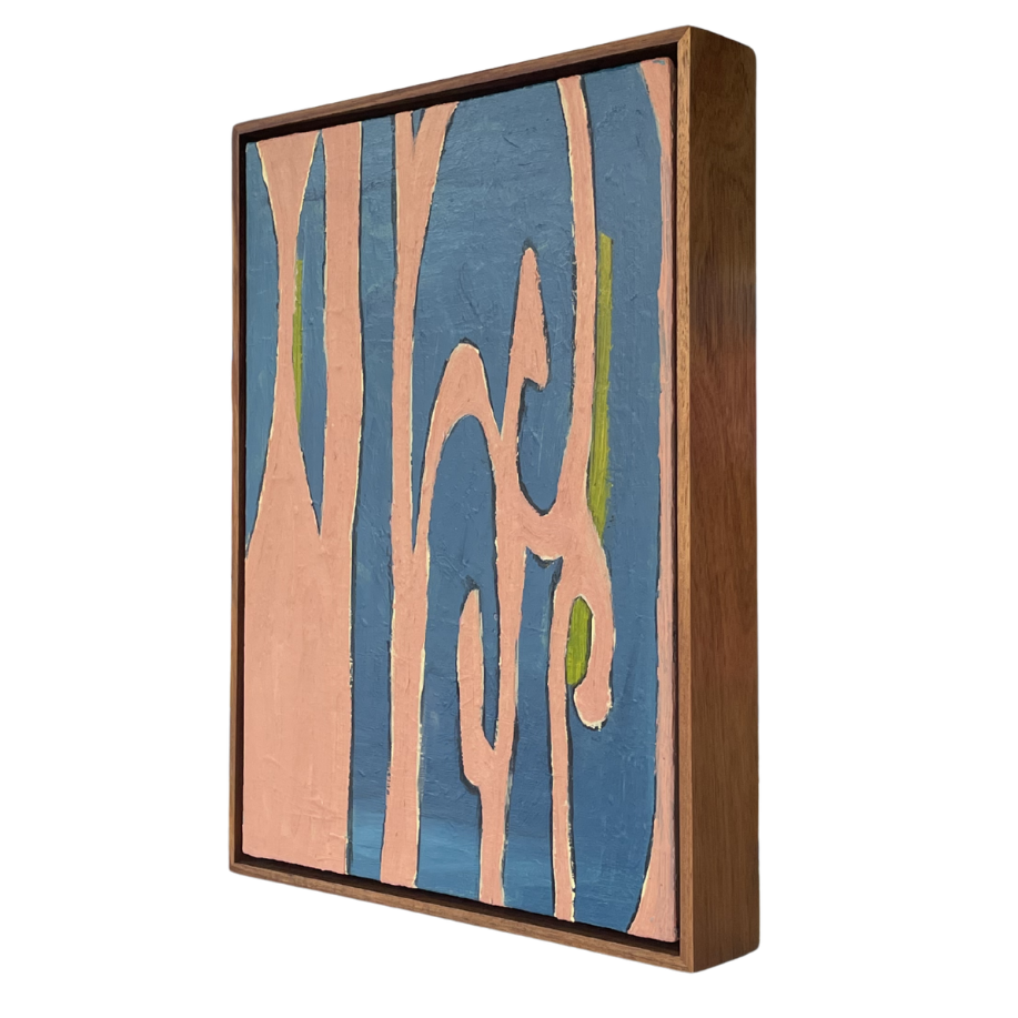 Framed abstract artwork with brown and blue design on a white background