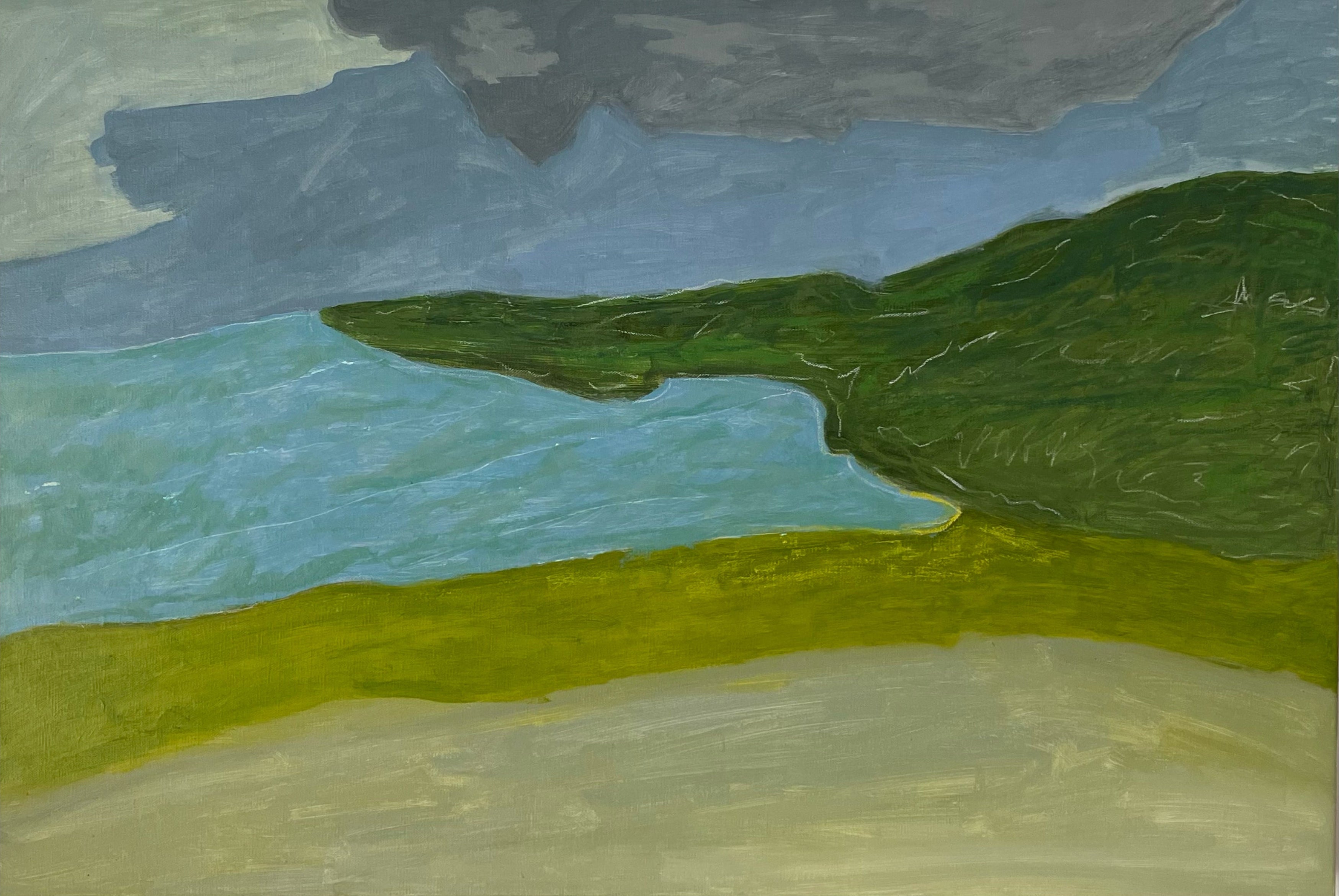 Painting of a landscape with green hills, blue sky, and gray clouds.