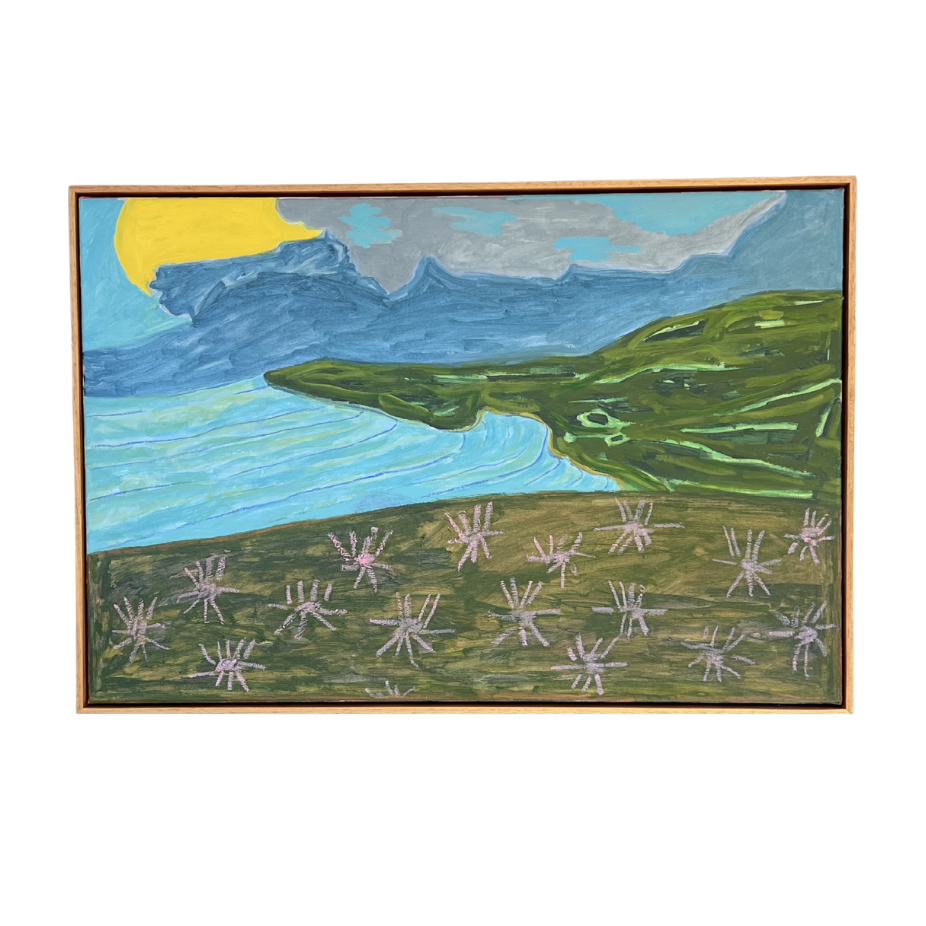 From Up Here, Down There Looks Great — original coastal landscape painting by Marley Alvarez, acrylic, oil pastel and ink on canvas, 56 x 61 cm. Crescent Head surf break from the headland.