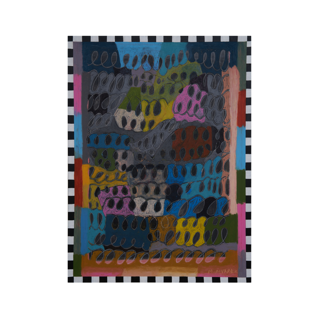An abstract square art print featuring a colorful pattern of wavy, dotted lines in shades of blue, green, yellow, pink, brown, and gray, framed by a black and white checkered border on a white background.