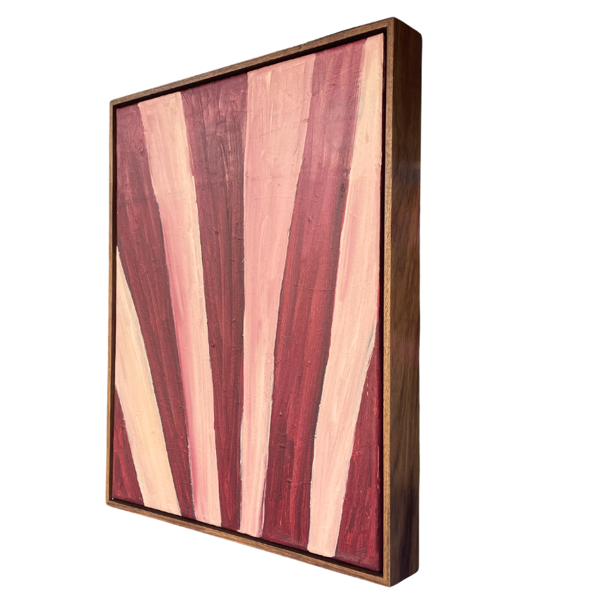 Wooden wall art with striped pattern on a white background