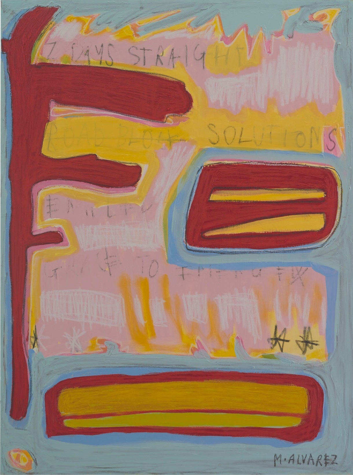 Abstract artwork with bold red, yellow, and pink shapes on a light blue background.