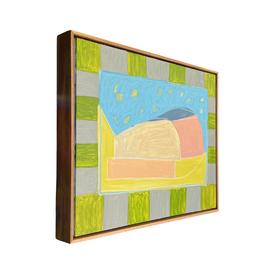 Left side profile of My Sweetheart's Home — original abstract landscape painting by Marley Alvarez, acrylic and oil pastel on canvas, Tasmanian Blackwood frame.