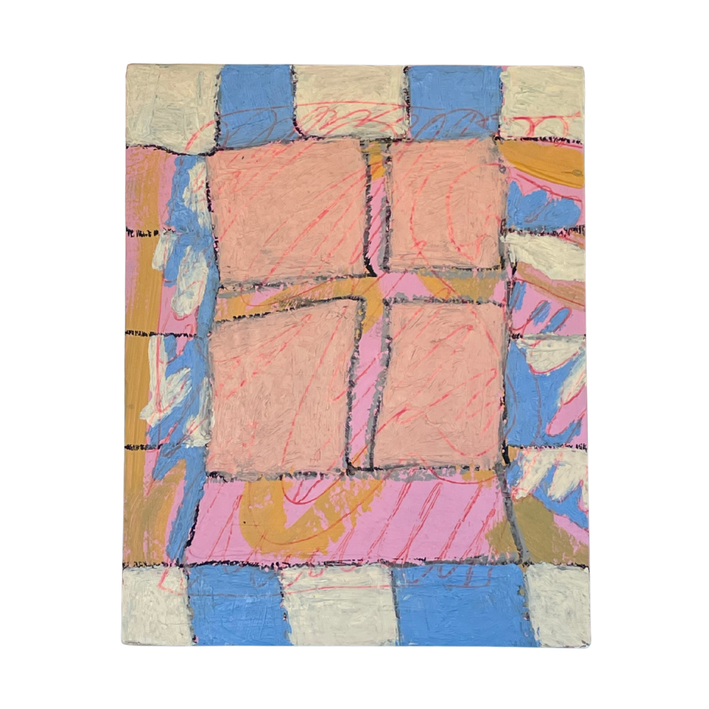 An abstract rectangular artwork featuring a grid-like composition with pink, blue, beige, and tan painted sections outlined in dark lines, shown against a plain white background.