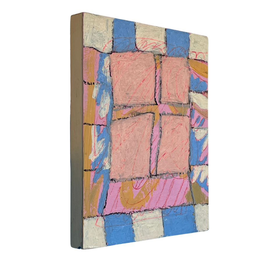An abstract canvas wall art print featuring a grid of pink, blue, beige, and brown blocks with textured brushstrokes, shown at an angle on a solid white background.