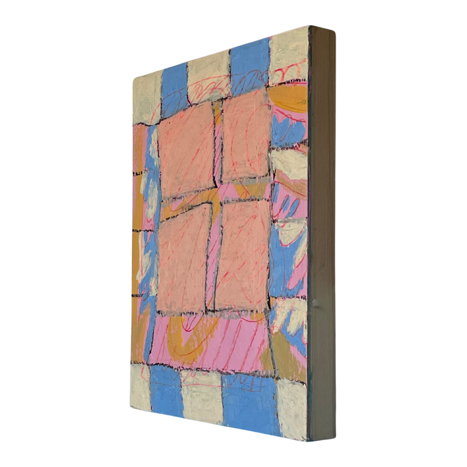 An abstract canvas wall art print featuring a grid-like pattern of pink, blue, beige, and orange blocks, shown at an angle against a plain white background.