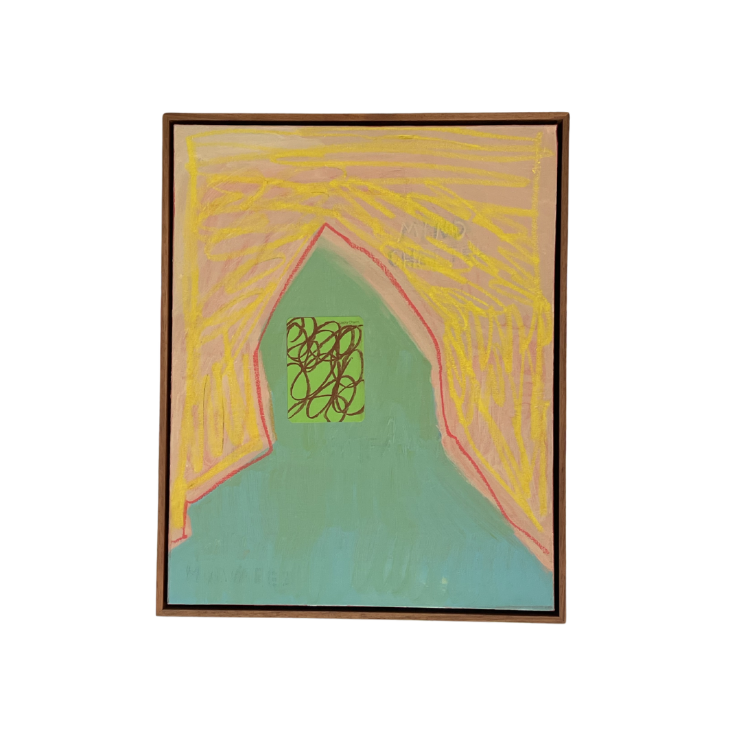 Abstract art piece with a green shape and yellow background
