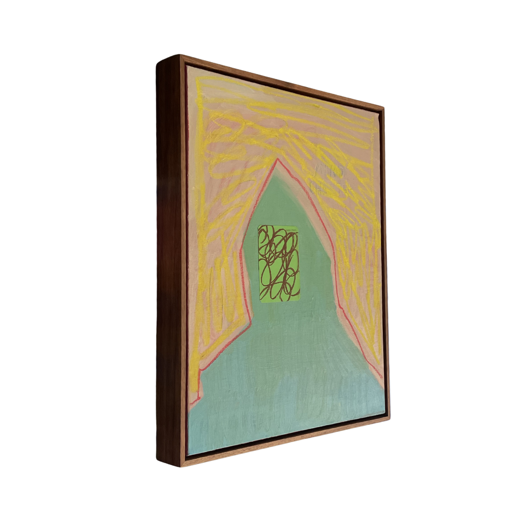 Framed abstract artwork with yellow and green colors on a white background