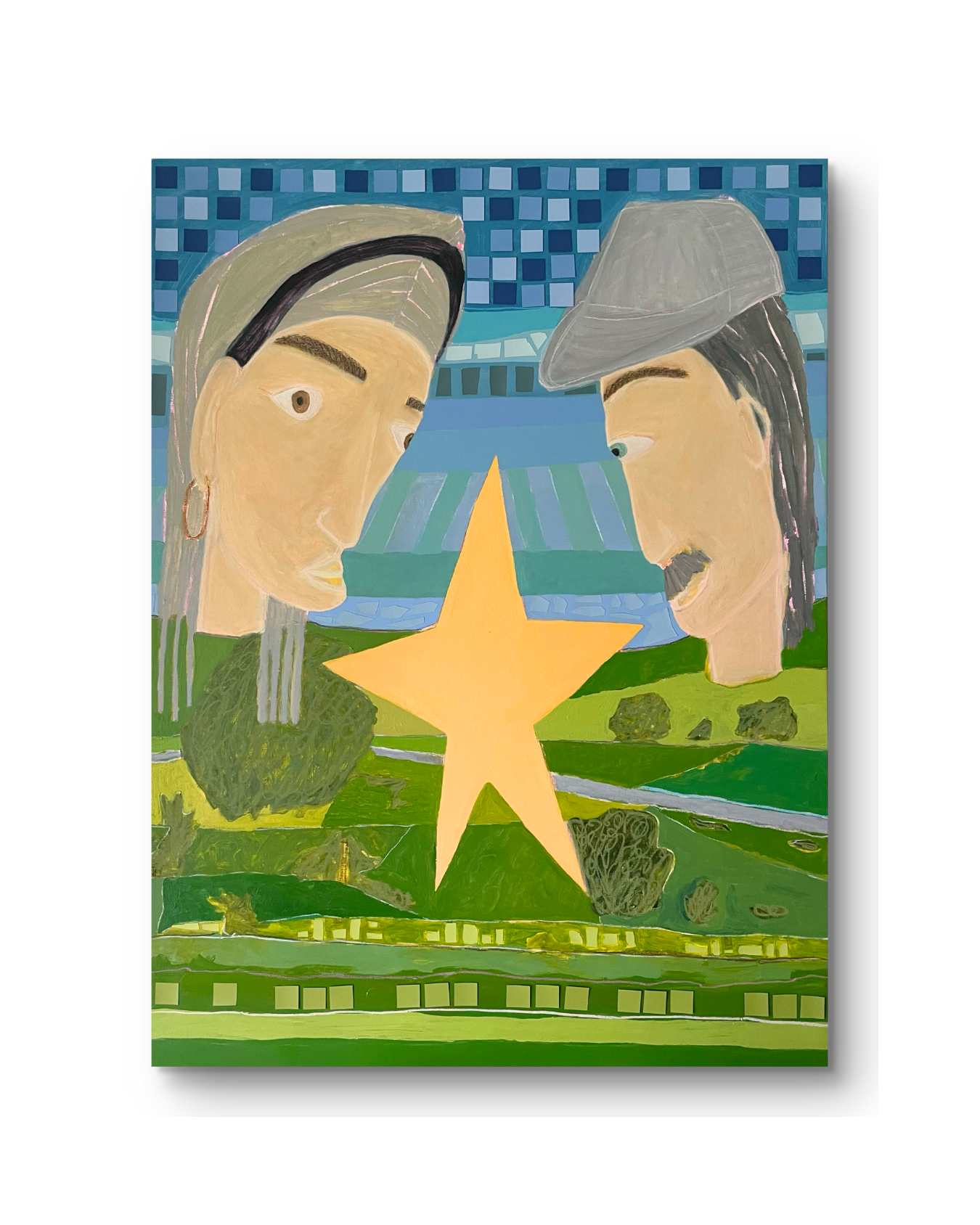 'Our Meeting Place' painting by Marley Alvarez. Artistic depiction of two figures looking at a star with a landscape background.