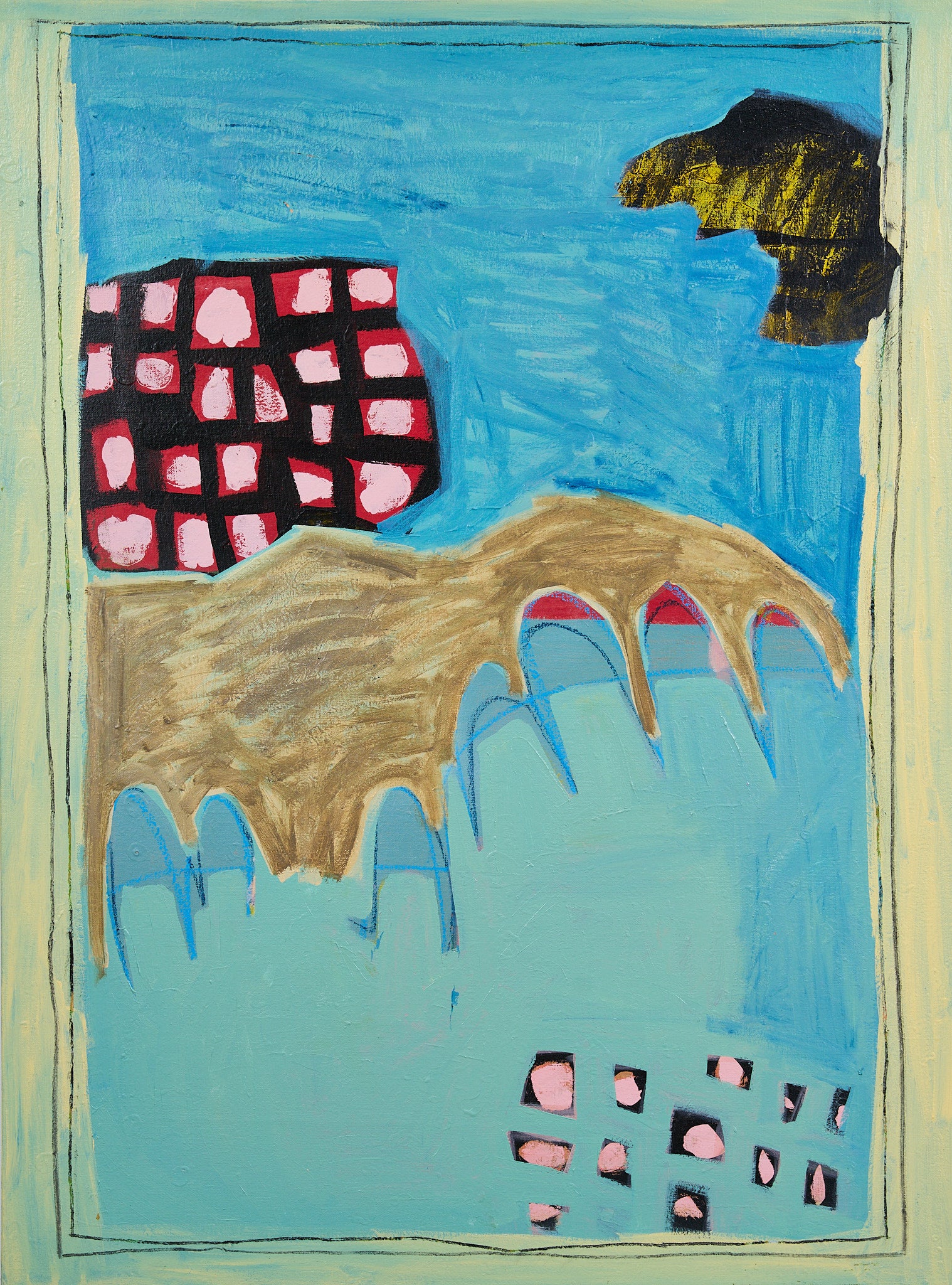 Abstract artwork with geometric shapes on a blue background, symbolises the ocean and the hills in the distance. Back In Oz collection by Marley Alvarez