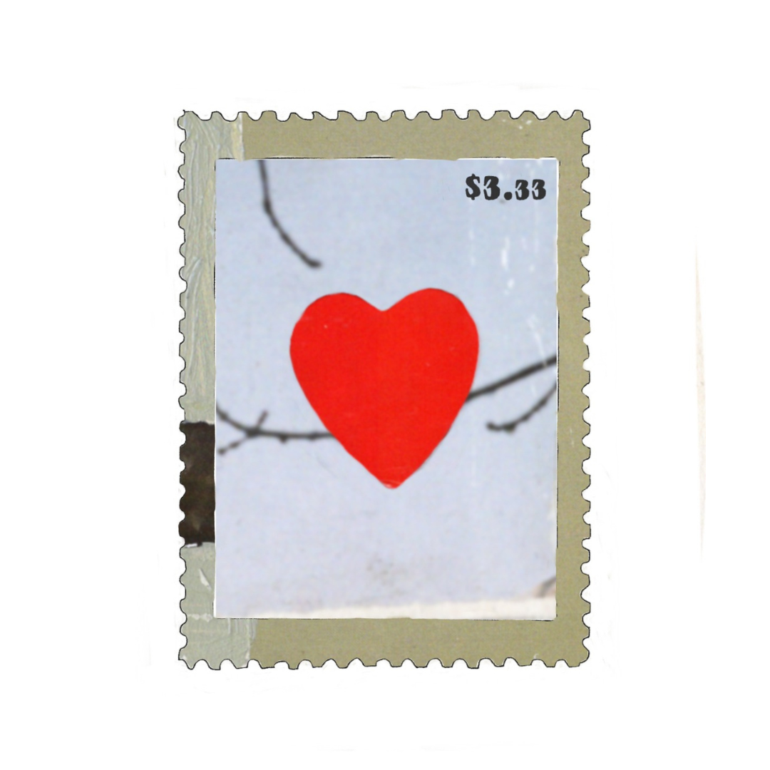 Red heart design on a postage stamp with a white background. Marley Stamp from the Art Club Sticker Collection by Marley Alvarez