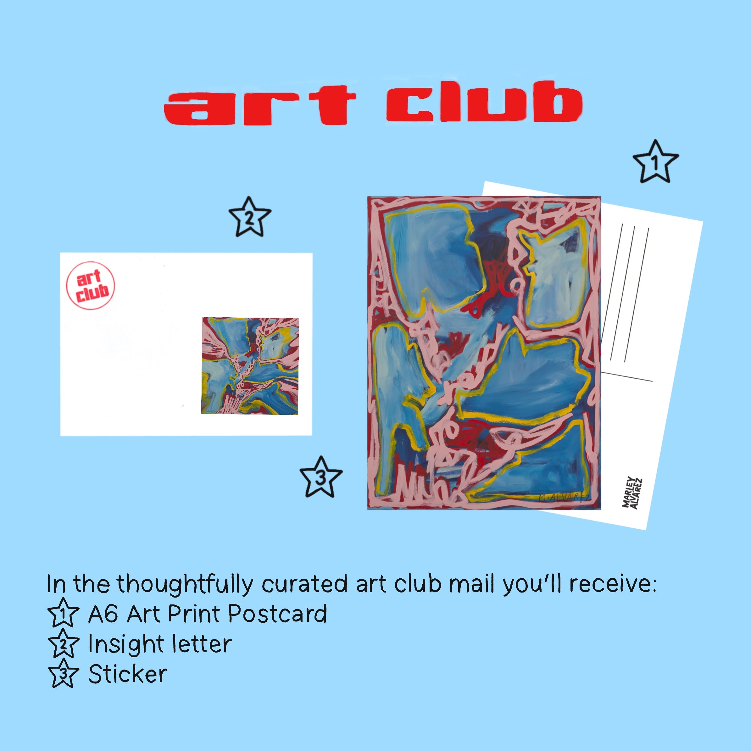 Art club promotional graphic with abstract art print, postcard, and sticker on a blue background.