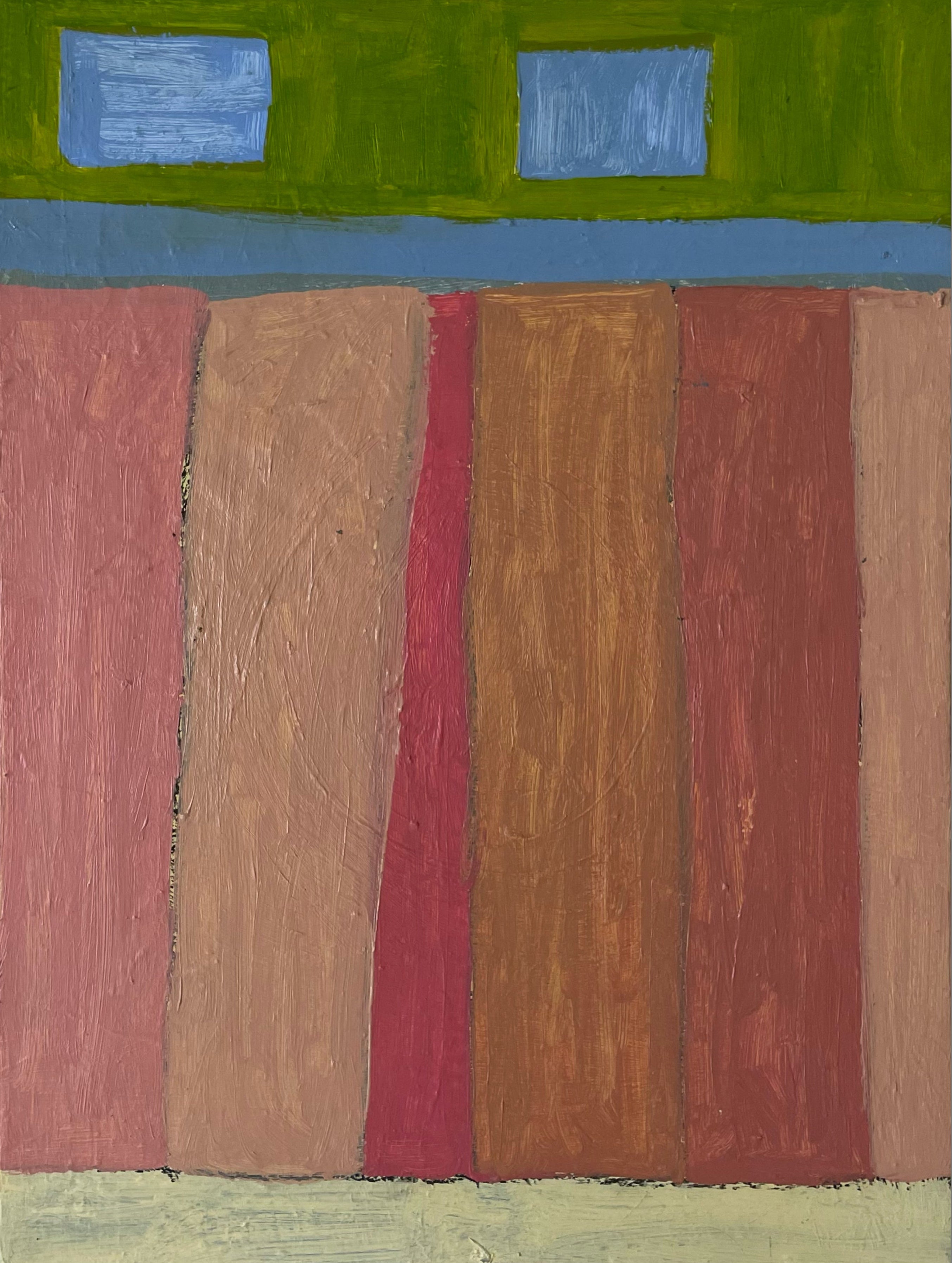 Abstract art piece with horizontal stripes in green, blue, red, and brown on a white background