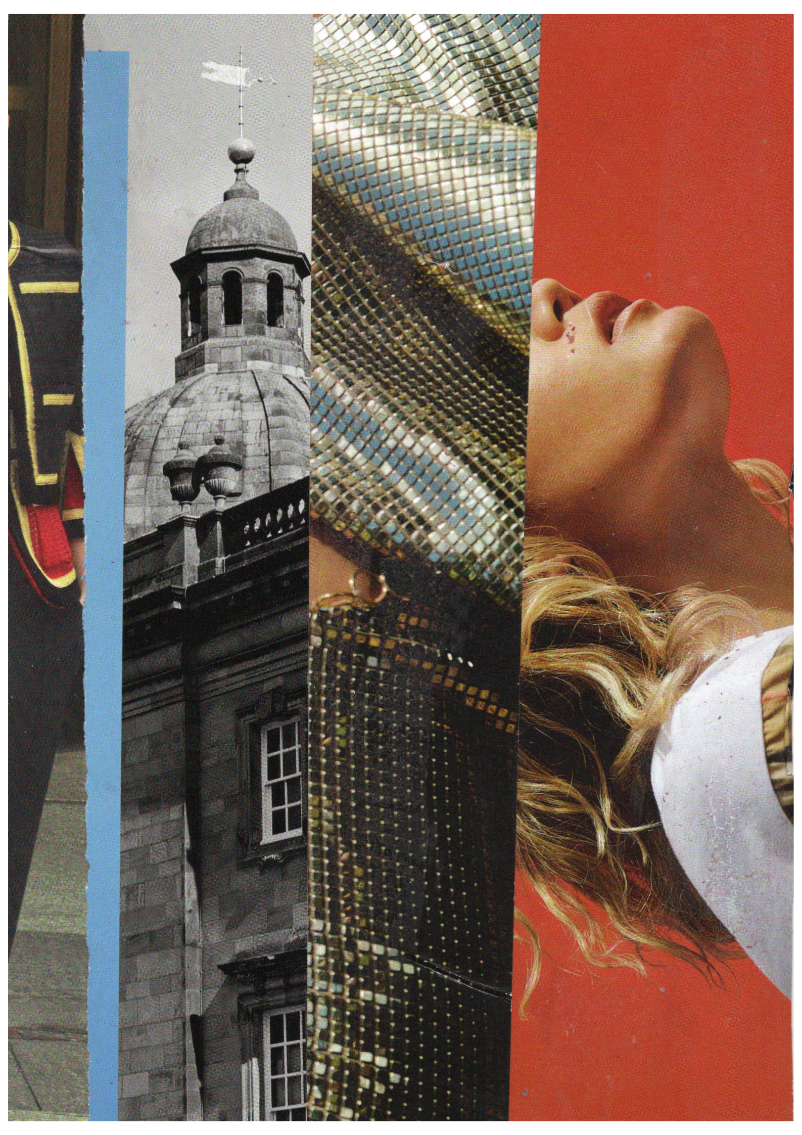 Collage of various images including a building, a person's face, a castle, and a textured surface.