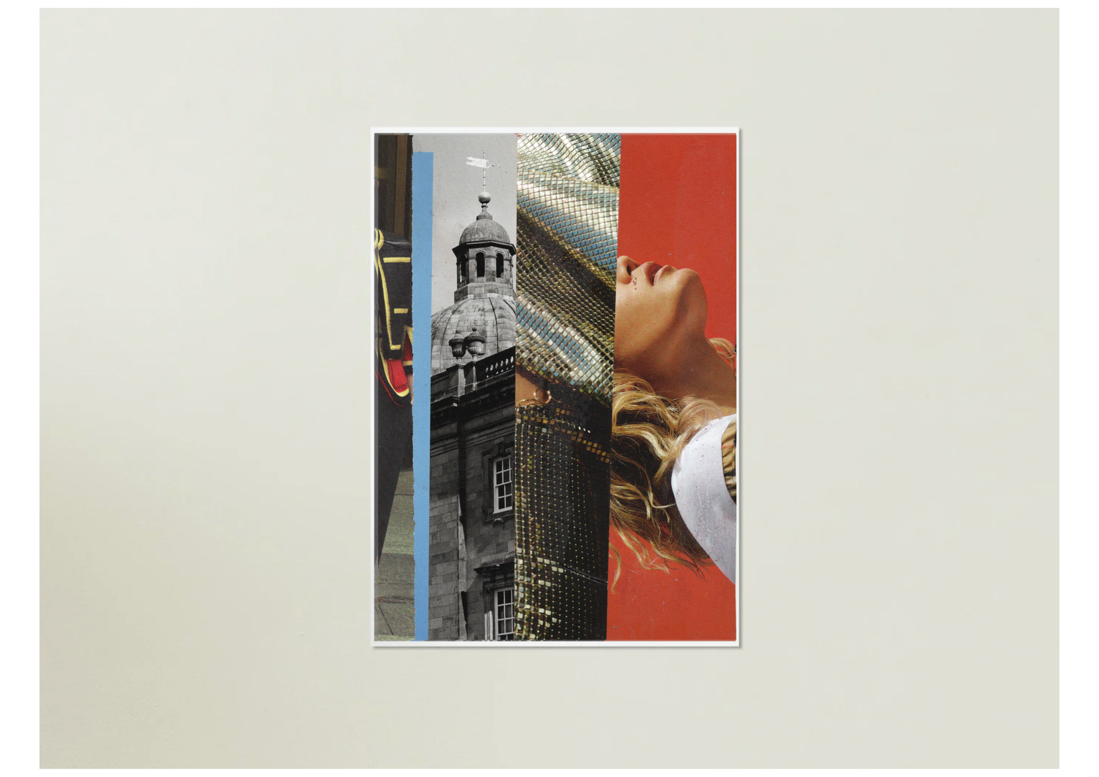 Collage of a building, a person with a hat, and abstract shapes on a light gray background