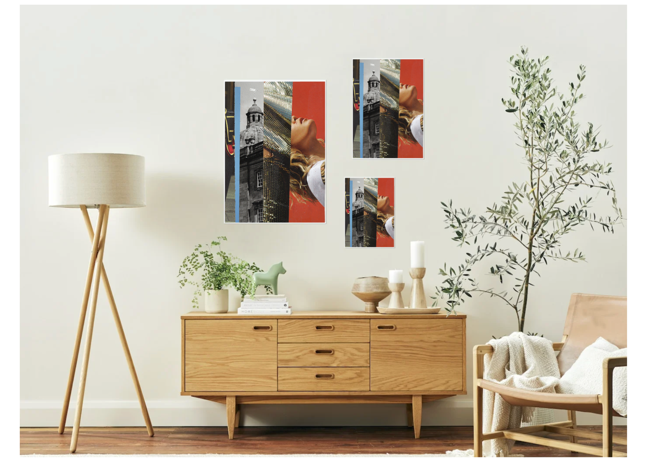Living room with wooden sideboard, lamp, and wall art