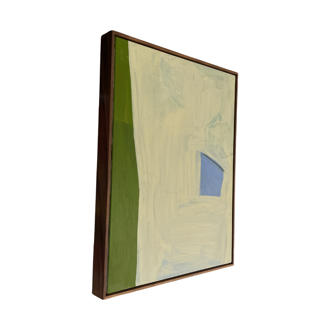 Framed abstract artwork with a green and blue color scheme on a white background