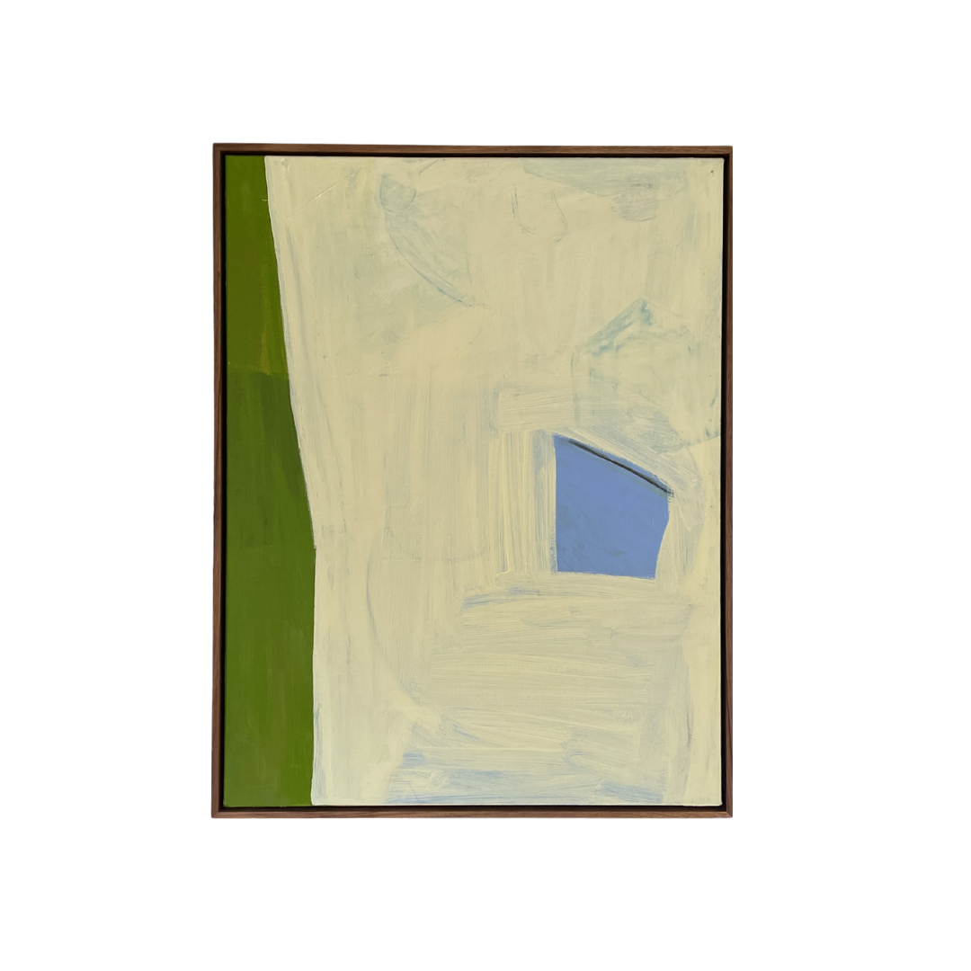 Abstract artwork with a green border and blue square on a white background