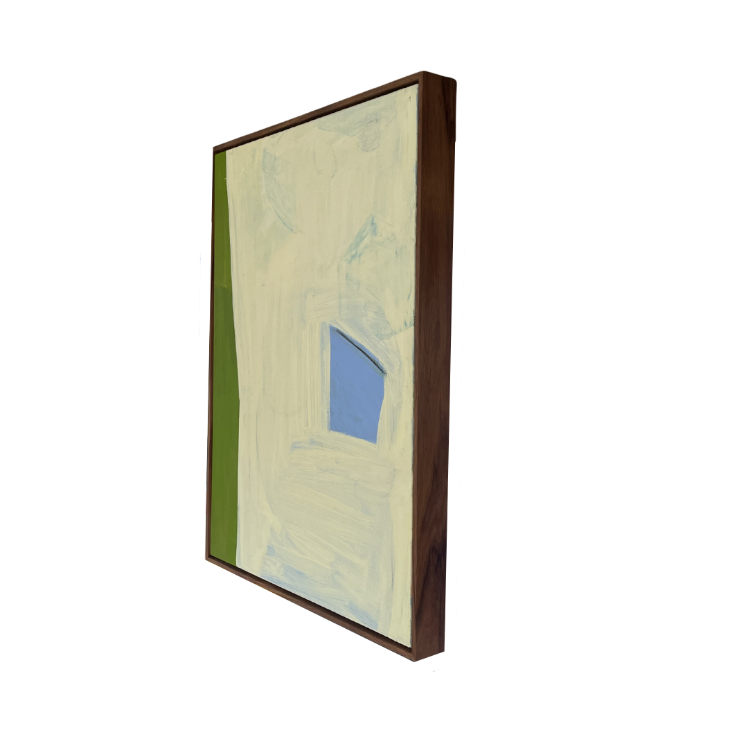 Framed abstract artwork with a blue square on a white background
