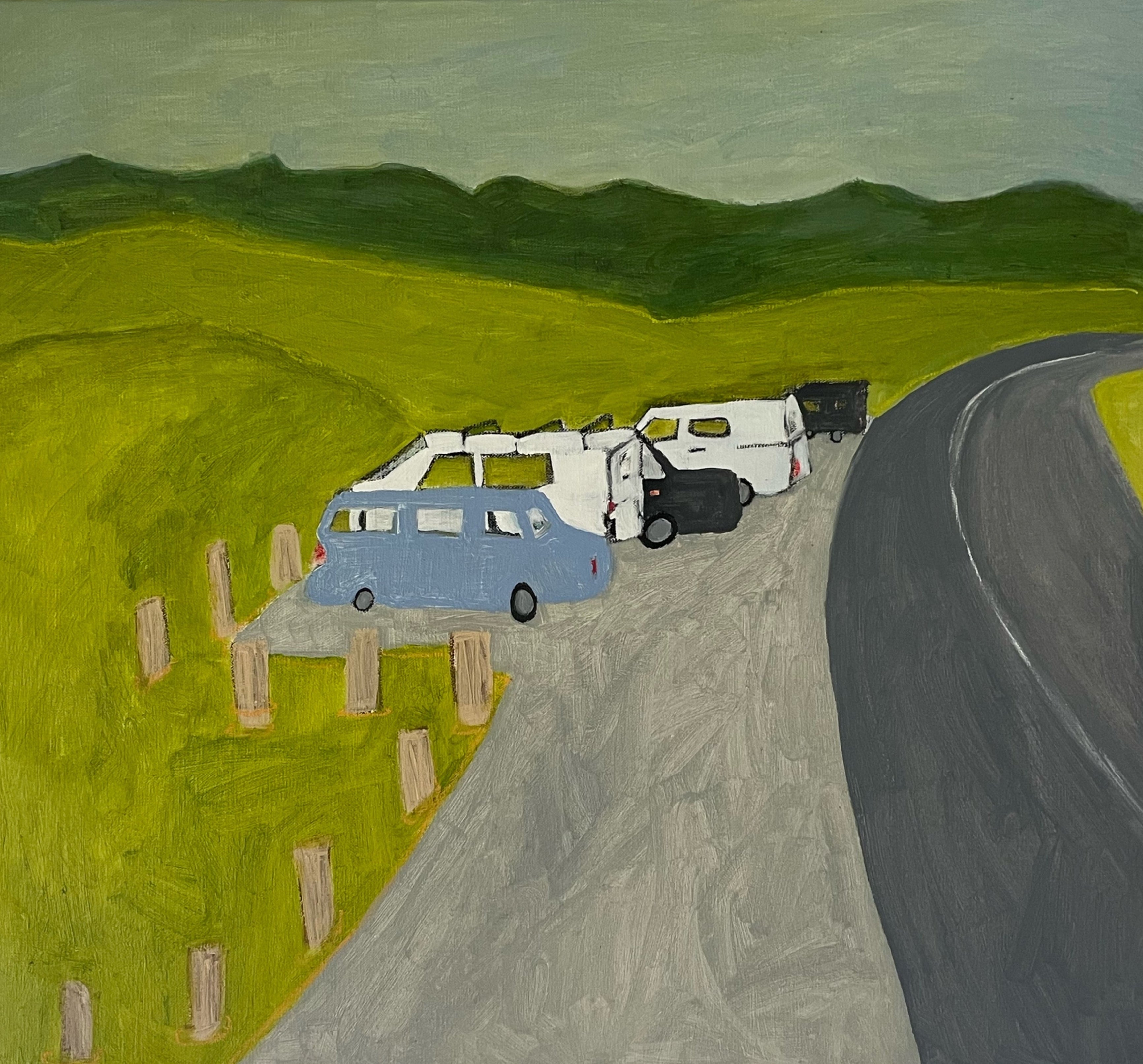Painting of a road with vehicles and green landscape