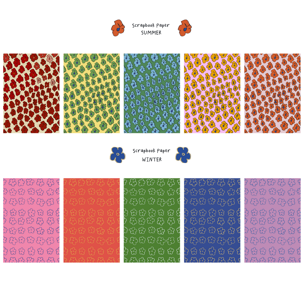 A color and pattern swatch chart for scrapbook paper, divided into two sections: 'SCRAPBOOK PAPER SUMMER' with warm red, green, blue, yellow, and orange floral patterns, and 'SCRAPBOOK PAPER WINTER' with pink, orange, green, blue, and purple floral patterns.