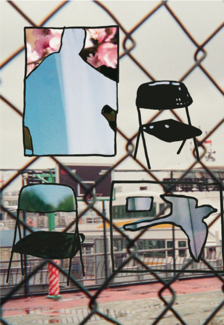illustrations of a chair, bird and human figure with a film photo in the background of a boat and basketball court