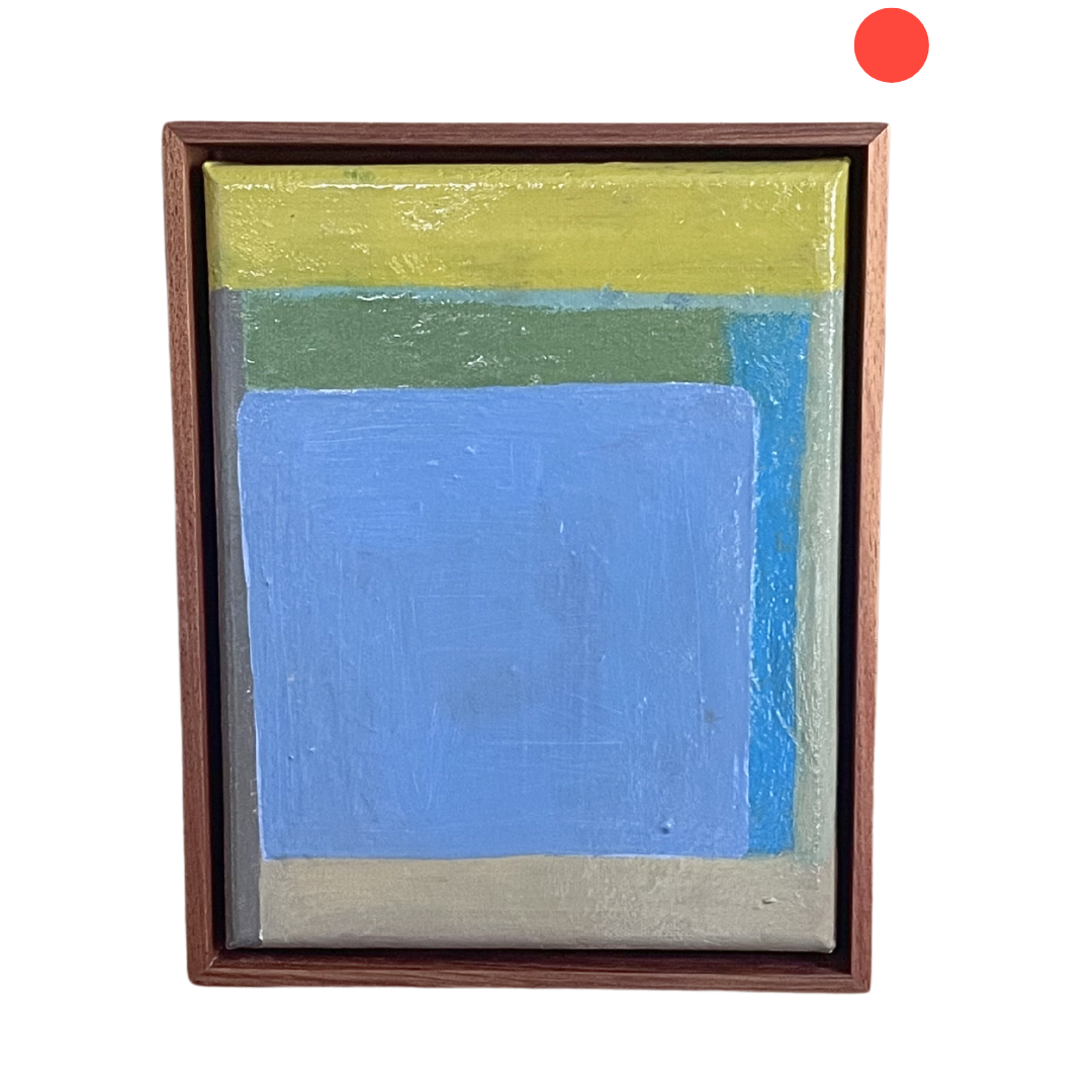Abstract painting with blue, green, and yellow colors in a wooden frame.