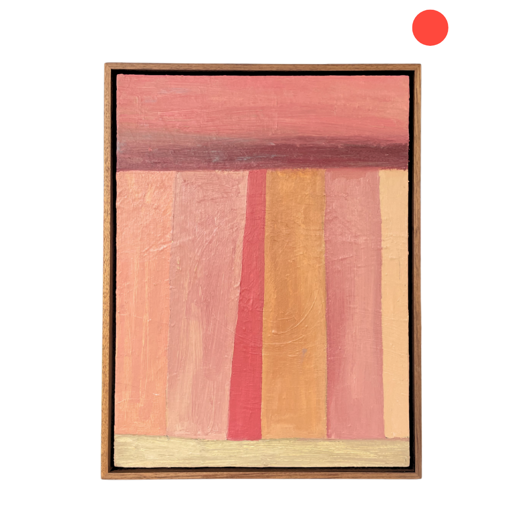 Framed abstract art with horizontal stripes in pink, orange, and gold on a white background