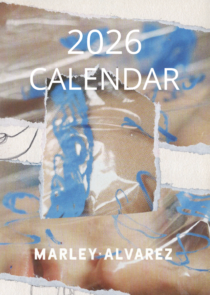 2026 calendar with abstract art design, collages and 'Marley Alvarez' branding