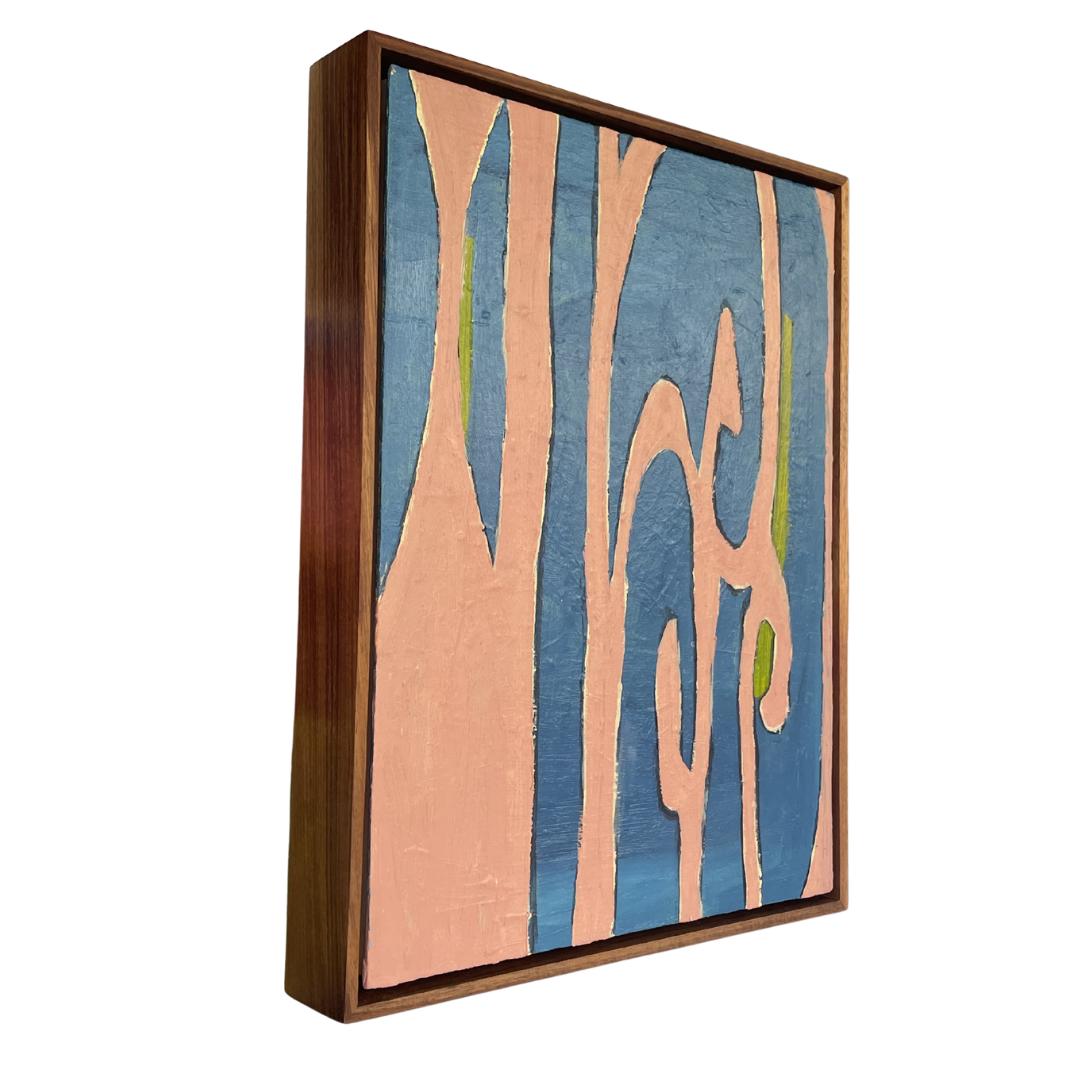 Framed abstract artwork with brown, blue, and pink colors on a white background