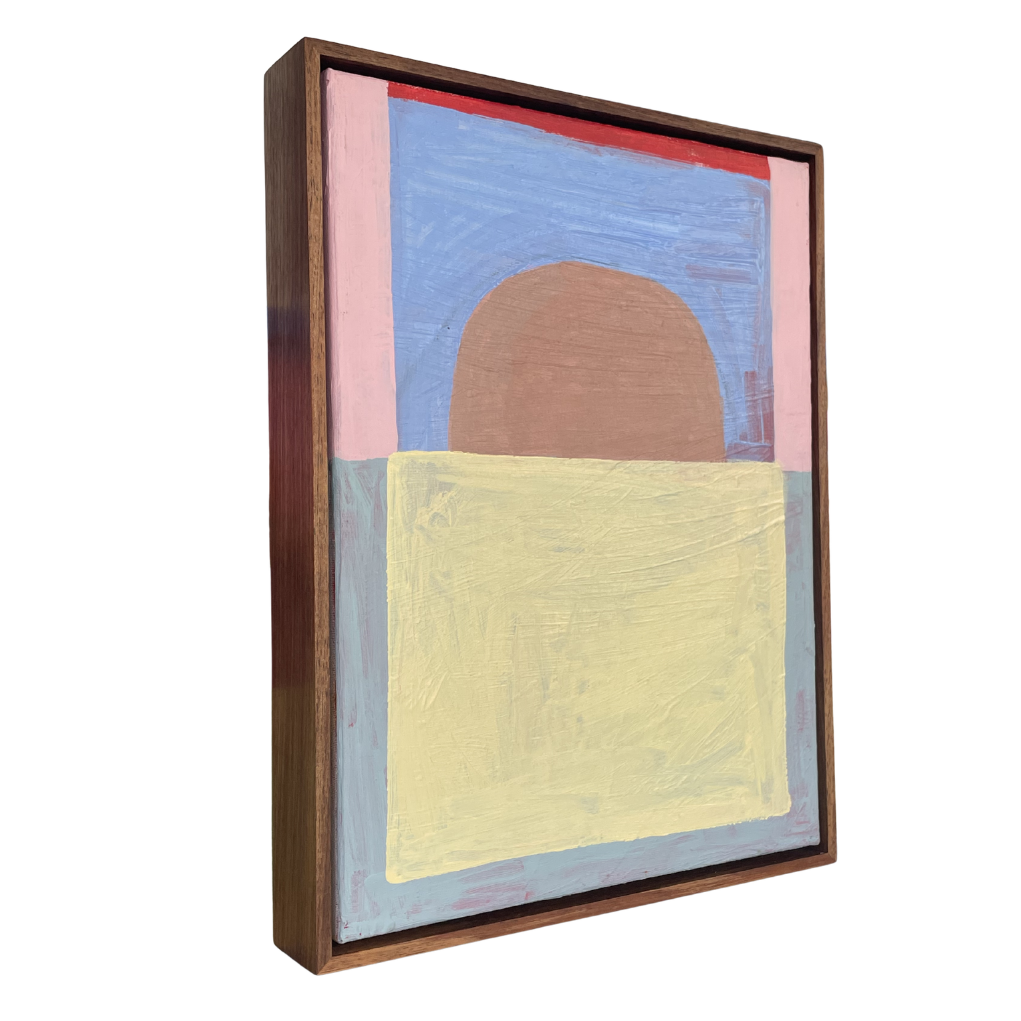Framed abstract artwork with geometric shapes on a white background