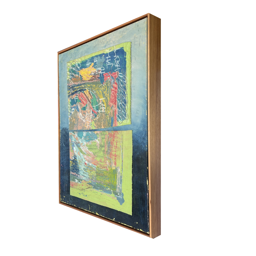 Side profile of The Notions of Colour by Australian artist Marley Alvarez — original painting, acrylic and oil pastel on canvas, Tasmanian Blackwood floating frame.
