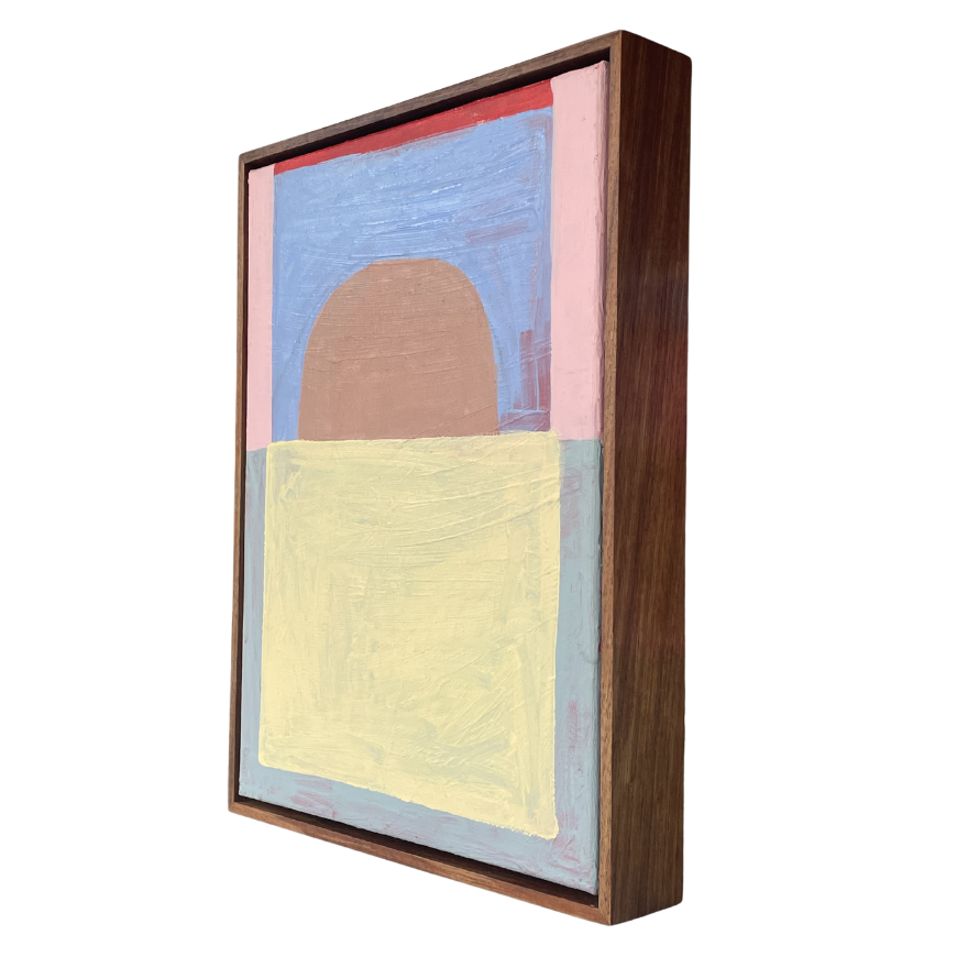 Framed abstract artwork with a wooden frame on a white background