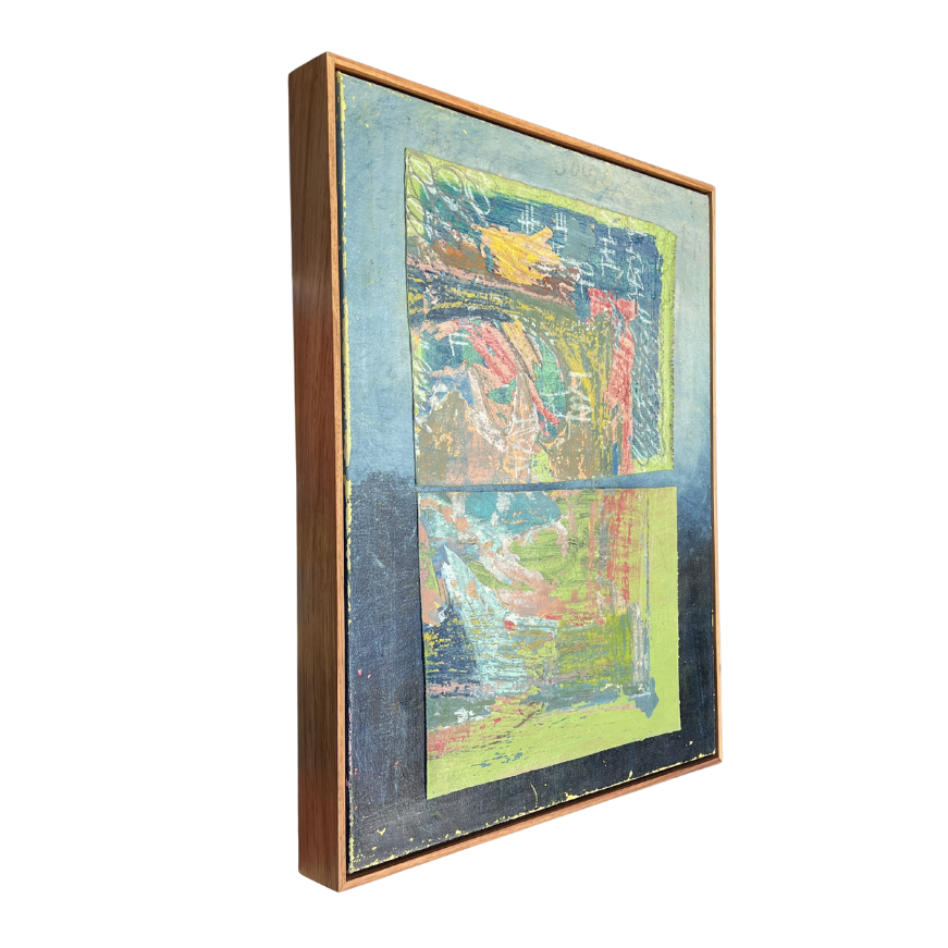 Side view of The Notions of Colour by Marley Alvarez — framed original Australian painting, 51.8 x 64 cm, from the 2024 exhibition I Opened My Eyes & Watched, Shanghai.